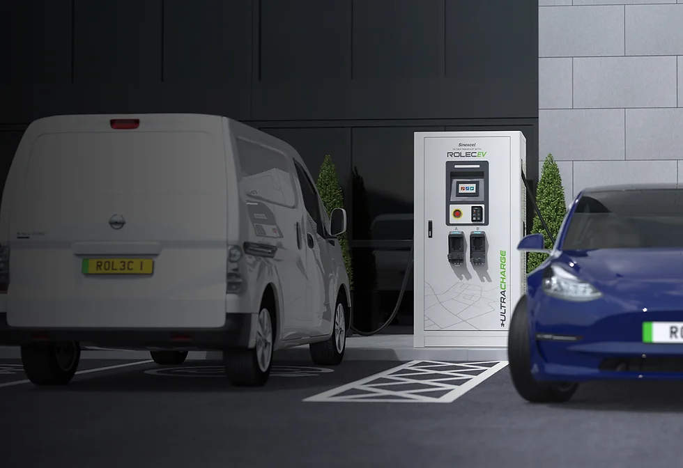 A van and a car charging at a Rolec UltraCharge rapid unit